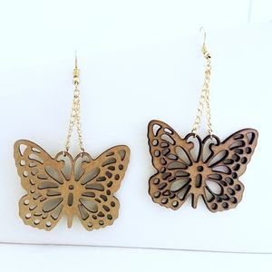 Earrings Butterfly Wood Boho Filigree Brown Gold Tone Insect Nature Spring Summe